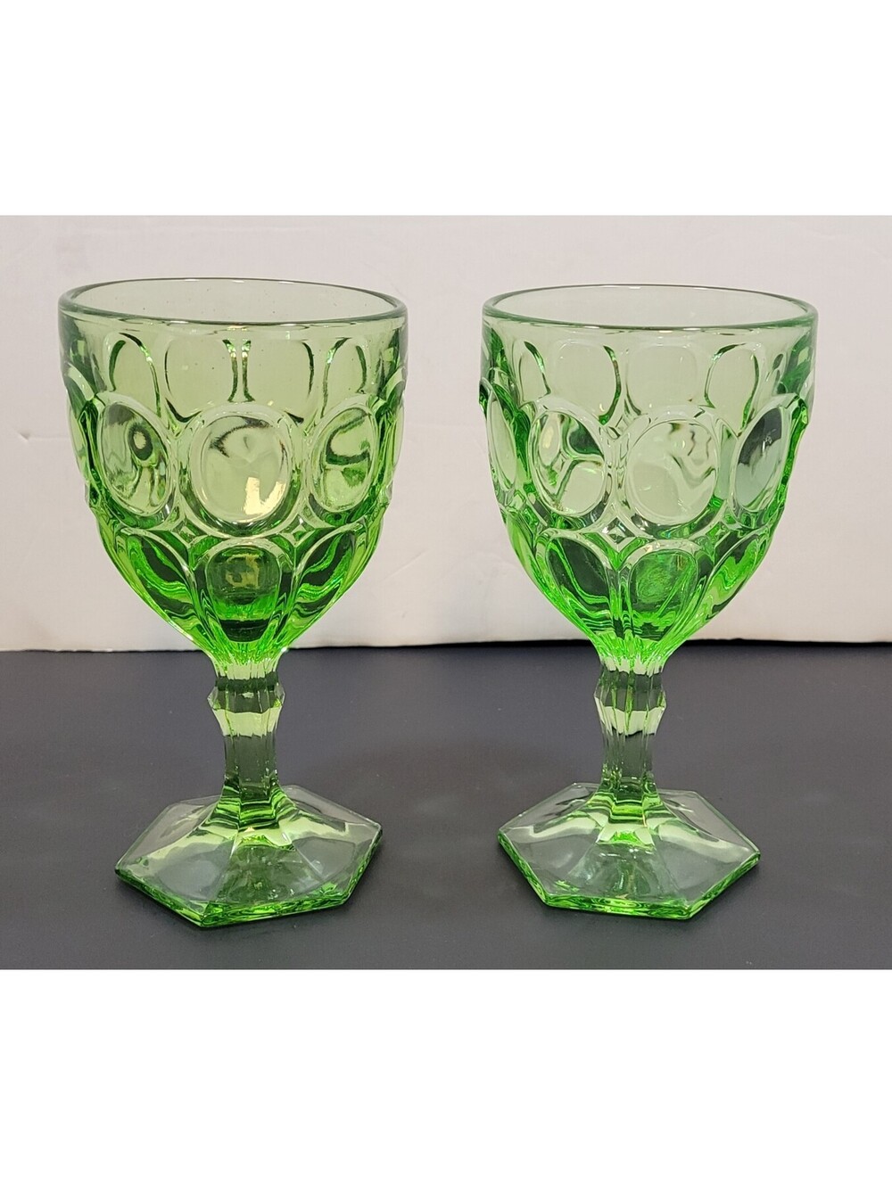 Vtg Fostoria Moonstone 6.5" Green Goblets Hex Base Pressed Glass - Lot of 2